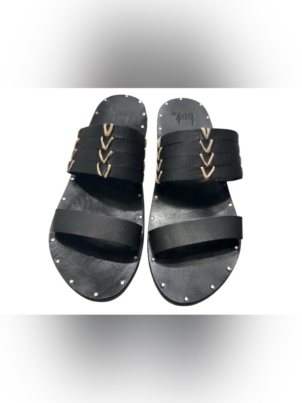 Beek "Kiwi" Black Leather Handcrafted Embroidered Slide Sandals Size 8